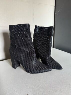 Black Rhinestone Pointed Toe Ankle Boots - Women